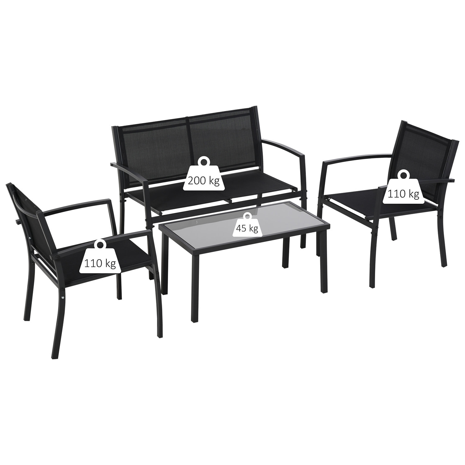 Adelaide - Salottino da giardino di design con divanetto + 2 poltrone + tavolino da caffÃ¨ con ripiano in vetro. Set lounge da esterno 4 pezzi in metallo e textilene. Nero