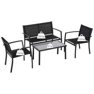 Adelaide - Salottino da giardino di design con divanetto + 2 poltrone + tavolino da caffÃ¨ con ripiano in vetro. Set lounge da esterno 4 pezzi in metallo e textilene. Nero
