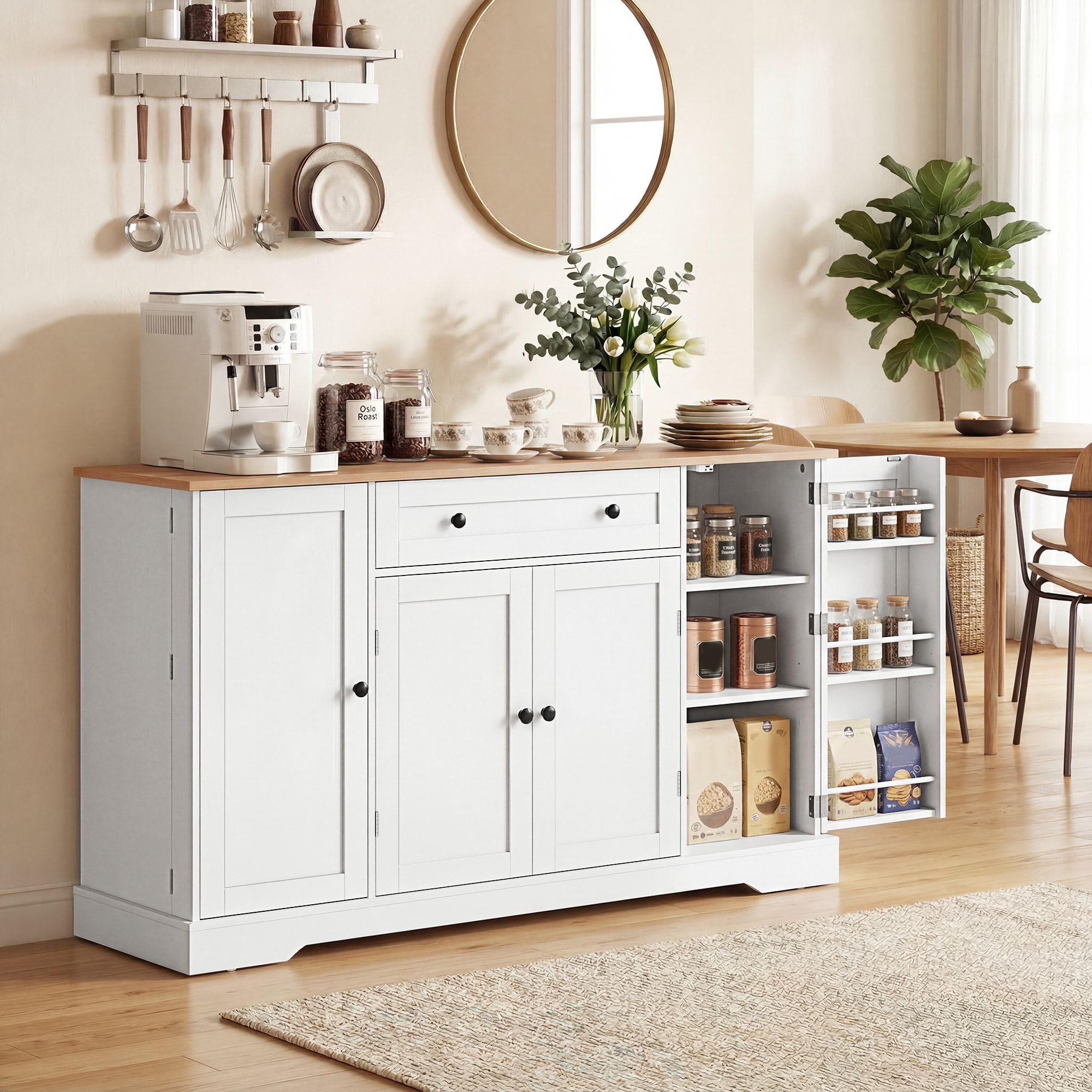 Aparador, Armario de Cocina Moderno con Cajón, Estantes en las Puertas, Estantes Ajustables, Barra de Café, Aparador para Cocina, Comedor, 138x40x83,5 cm, Blanco