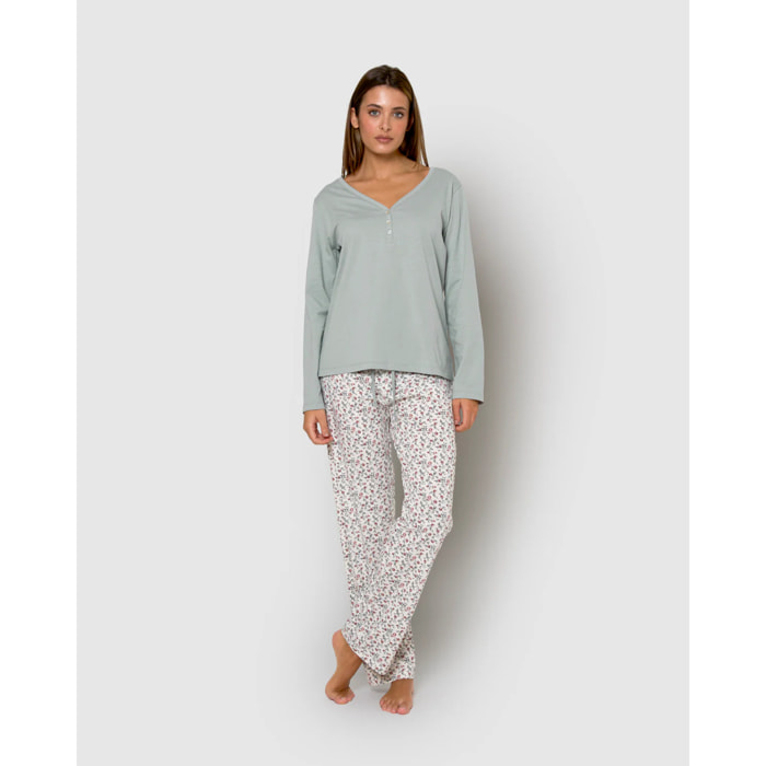 Pigiama lungo in cotone con scollo a v, azzurro