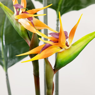 Plante artificielle Strelitzia H. 180 cm branches lichen feuilles fleurs grand réalisme pot inclus