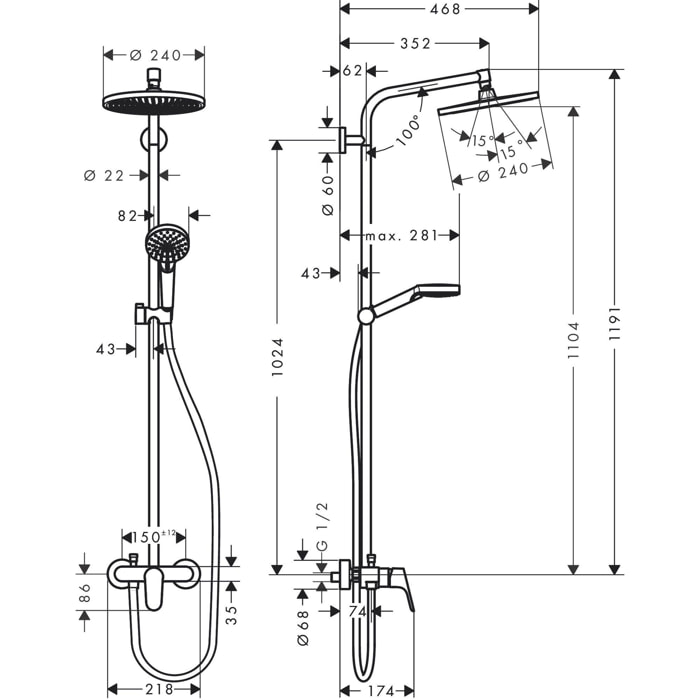 Colonne de douche 240 mitigeur mécanique chromé Crometta S
