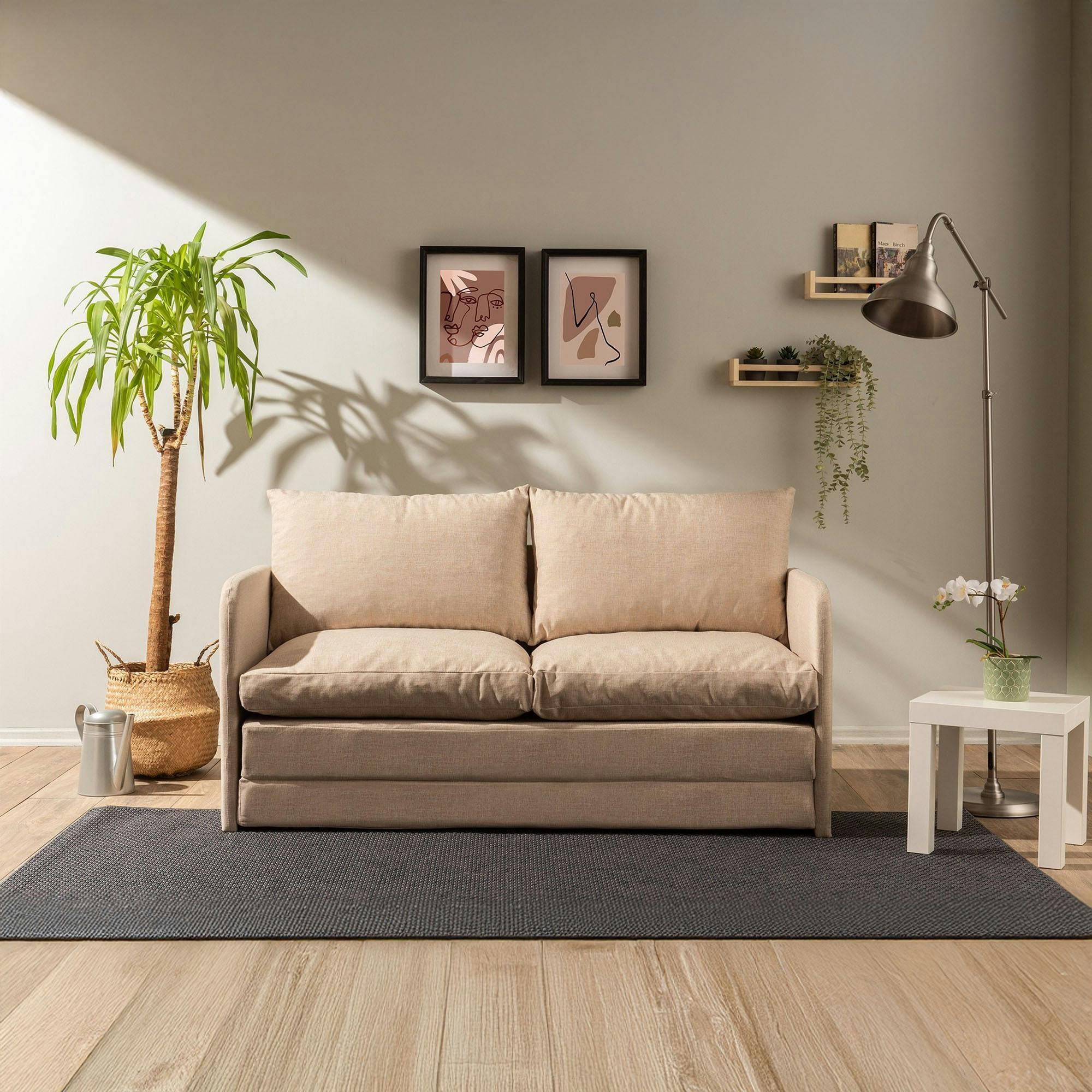 Canapé-lit en lin beige, 2 personnes 140 cm ORURO