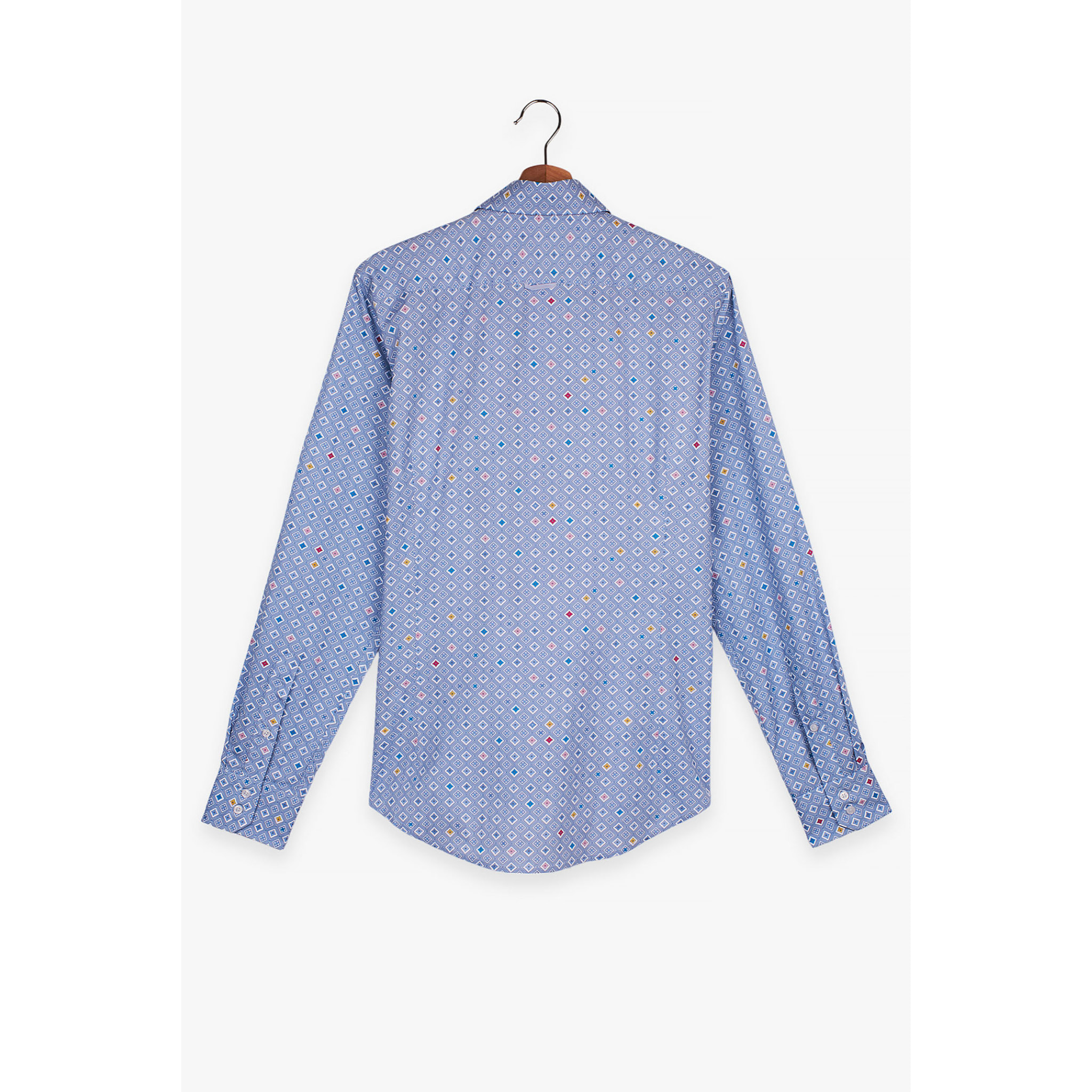 Camicia Uomo 2 Bottoni Button Down Slim Popeline Stampato Celeste/Bianco