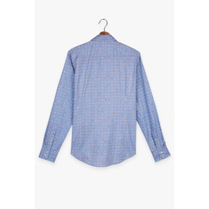 Camicia Uomo 2 Bottoni Button Down Slim Popeline Stampato Celeste/Bianco