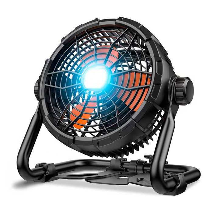Ventilatore esterno X45 con luce LED, 18W e velocità regolabile. Appendi o in piedi, angolo regolabile e powerbank di 14400 mAh.