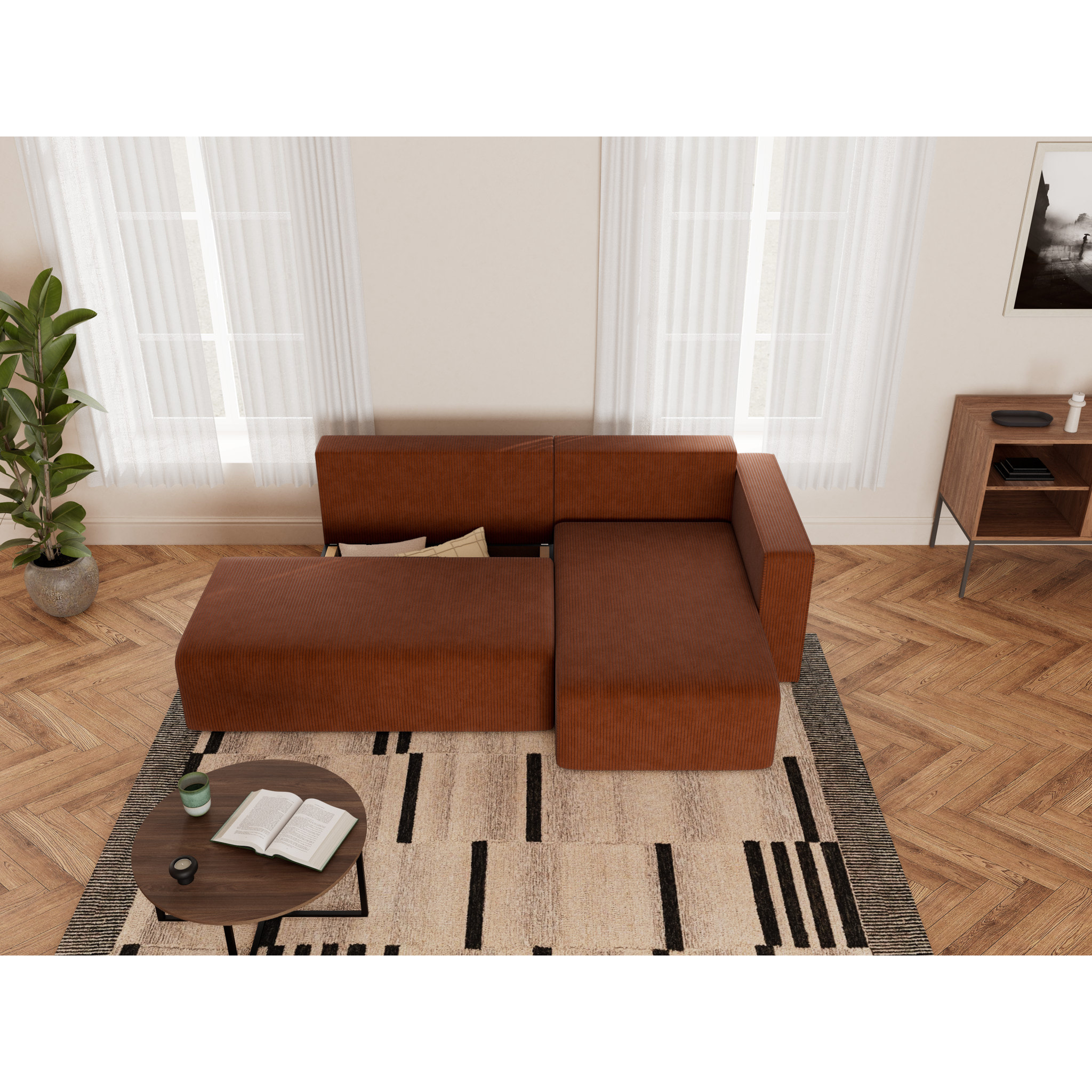 Topaze - canapé d'angle droit 4 places convertible avec coffre sans accoudoir en velours côtelé - Terracotta