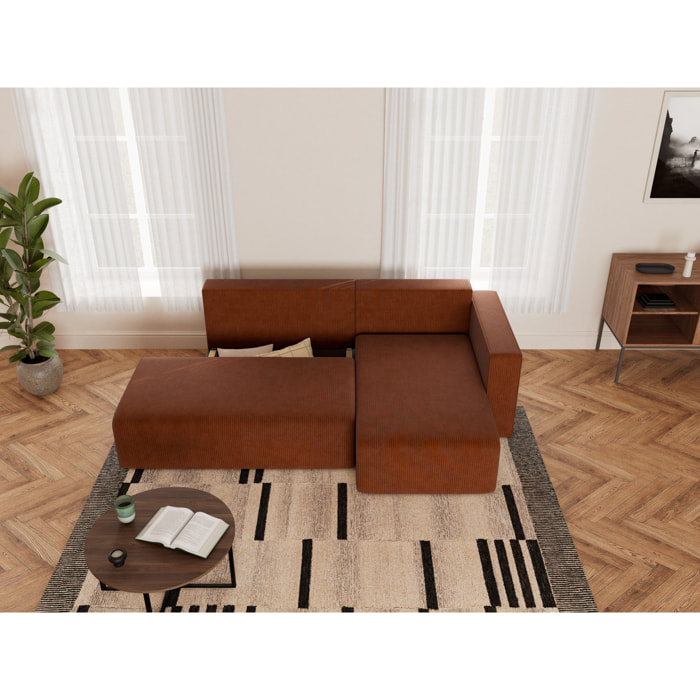 Topaze - canapé d'angle droit 4 places convertible avec coffre sans accoudoir en velours côtelé - Terracotta