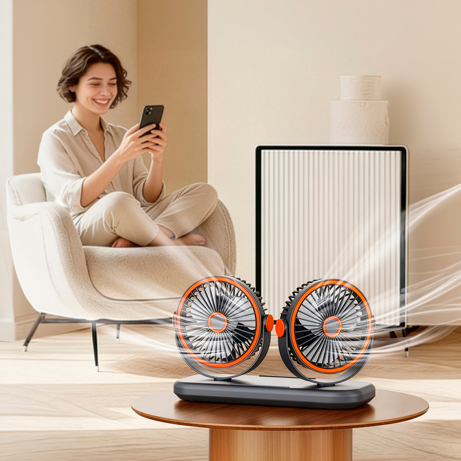 Ventilador modular F21. Con 2 ventiladores independientes, 5 velocidades por unidad y giro 360° vertical y horizontal. 3 niveles de iluminación y diseño versátil de sobremesa, pared, techo o uso portá