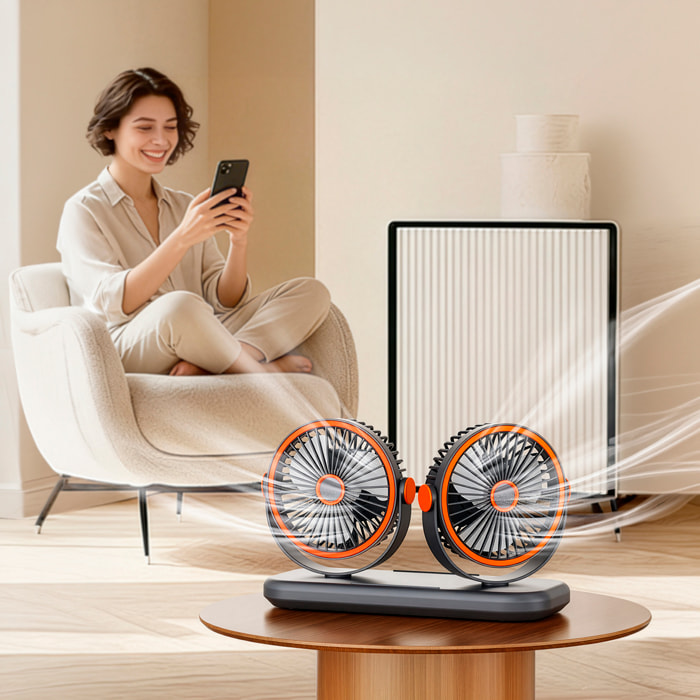 Ventilador modular F21. Con 2 ventiladores independientes, 5 velocidades por unidad y giro 360° vertical y horizontal. 3 niveles de iluminación y diseño versátil de sobremesa, pared, techo o uso portá