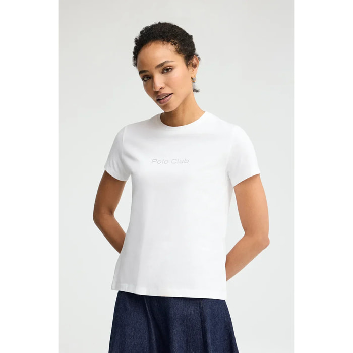 Camiseta blanca de manga corta y corte recto con brillantes Polo Club