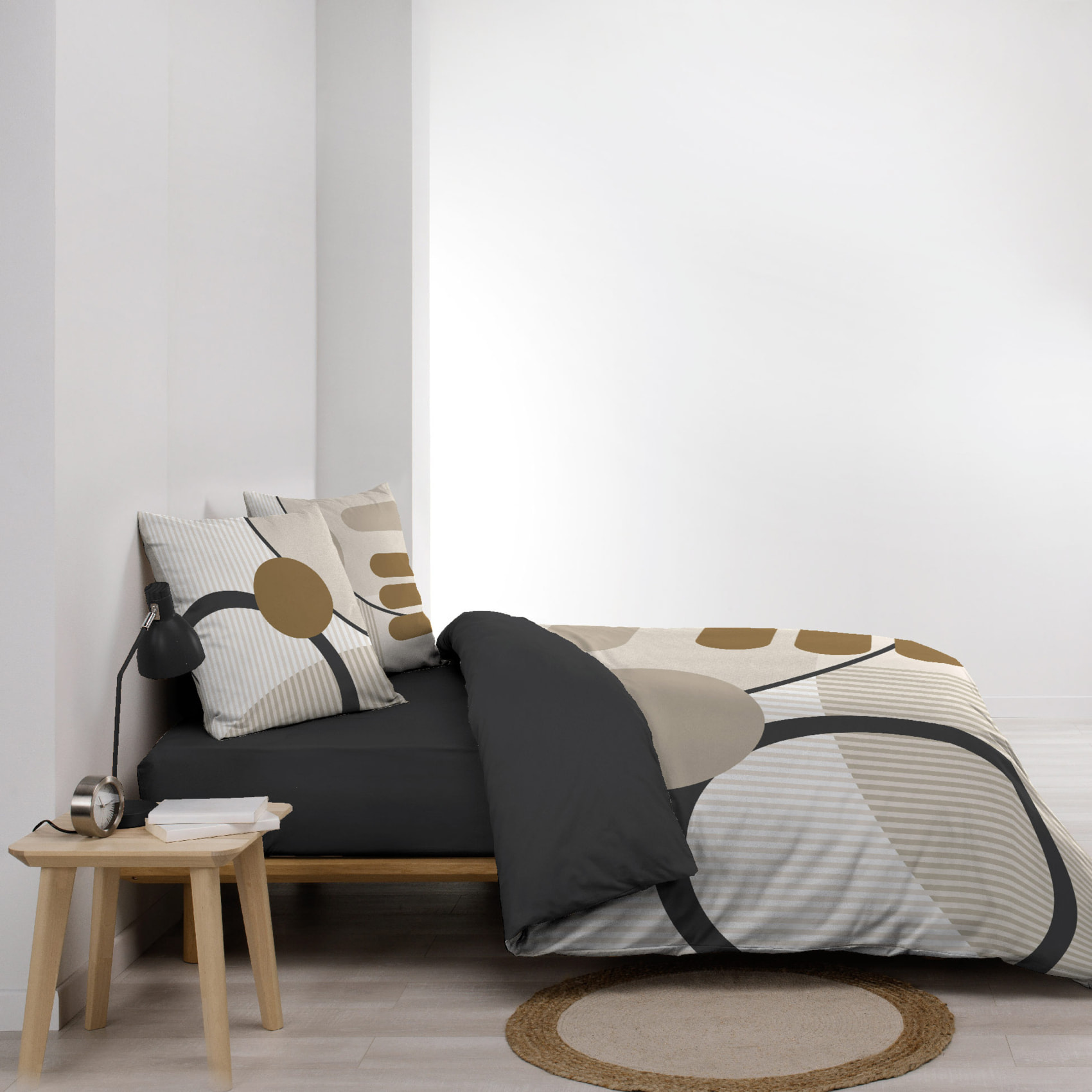 Parure de lit coton motif géométrique double face imprimée - Naturel