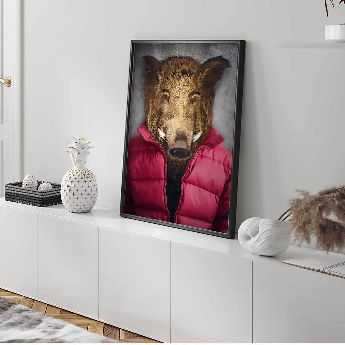 Affiche encadrée sanglier stylé en doudoune Affiche + cadre en métal - Noir