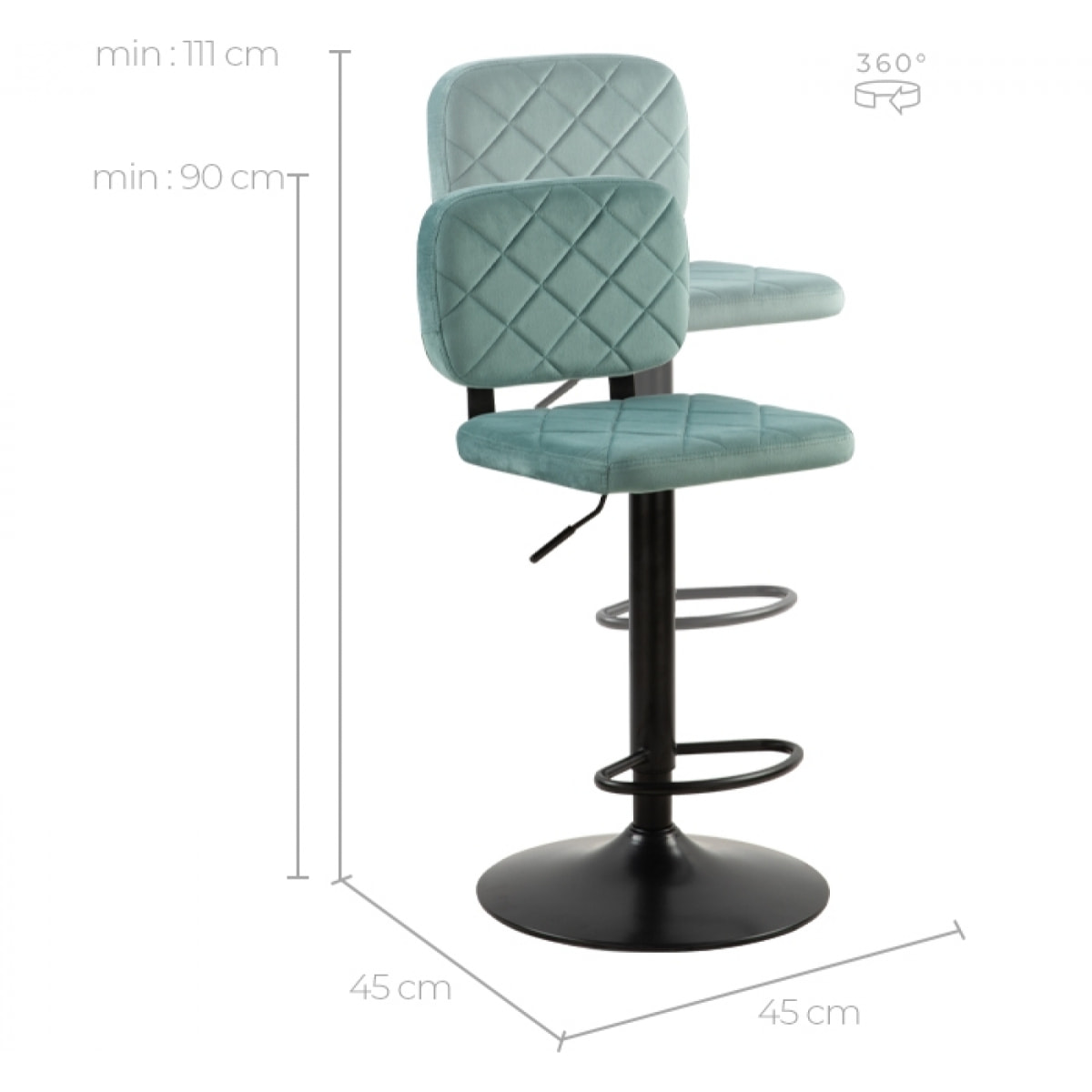 Lot de 2 chaises de bar réglables 60/81 cm en velours vert d'eau - Viktor