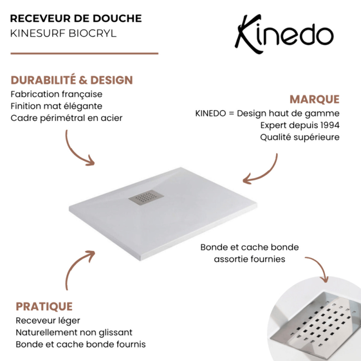 Receveur de douche KINEDO Kinesurf biotec rectangle Blanc 150 x 90 x 4 bonde centre longueur