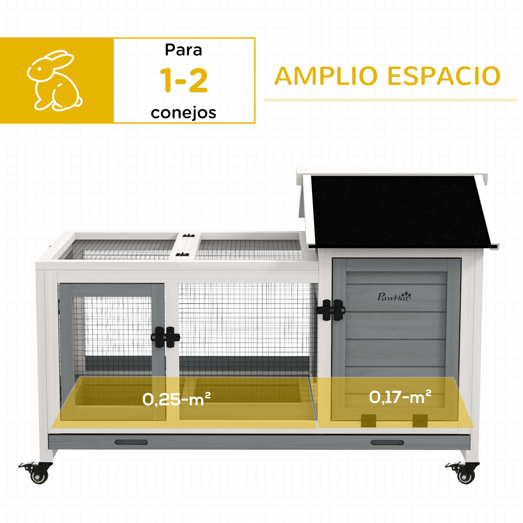 Conejera de Madera con Ruedas Jaula para Conejos con Techo Abatible y Bandeja Extraíble Conejera para Interior y Exterior 108x58x73,5 cm Gris