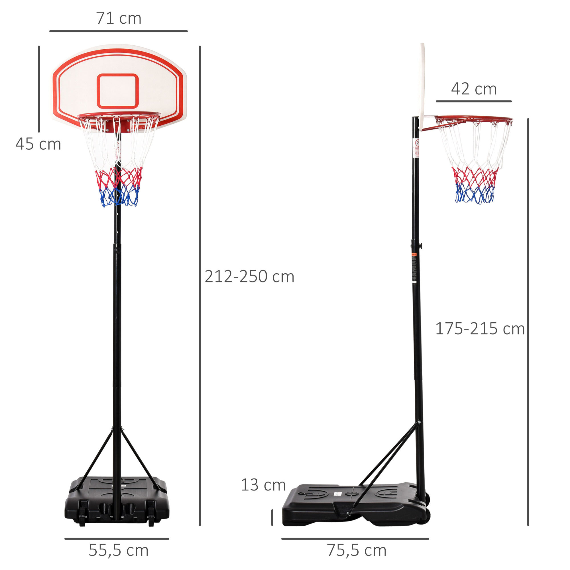 Panier de Basket-Ball sur pied avec poteau panneau, base de lestage sur roulettes hauteur réglable 2,1 - 2,5 m noir blanc