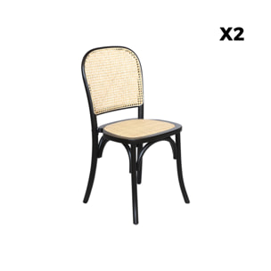 Lot de deux chaises vintage noires en bois avec assise et dossier en rotin