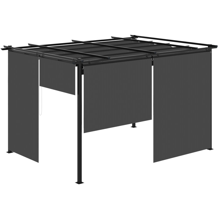 Pérgola de Jardín 4x3 m Cenador para Exterior con Techo Retráctil 4 Cortinas Enrollables de Poliéster y Marco de Metal para Patio Terraza Gris Oscuro
