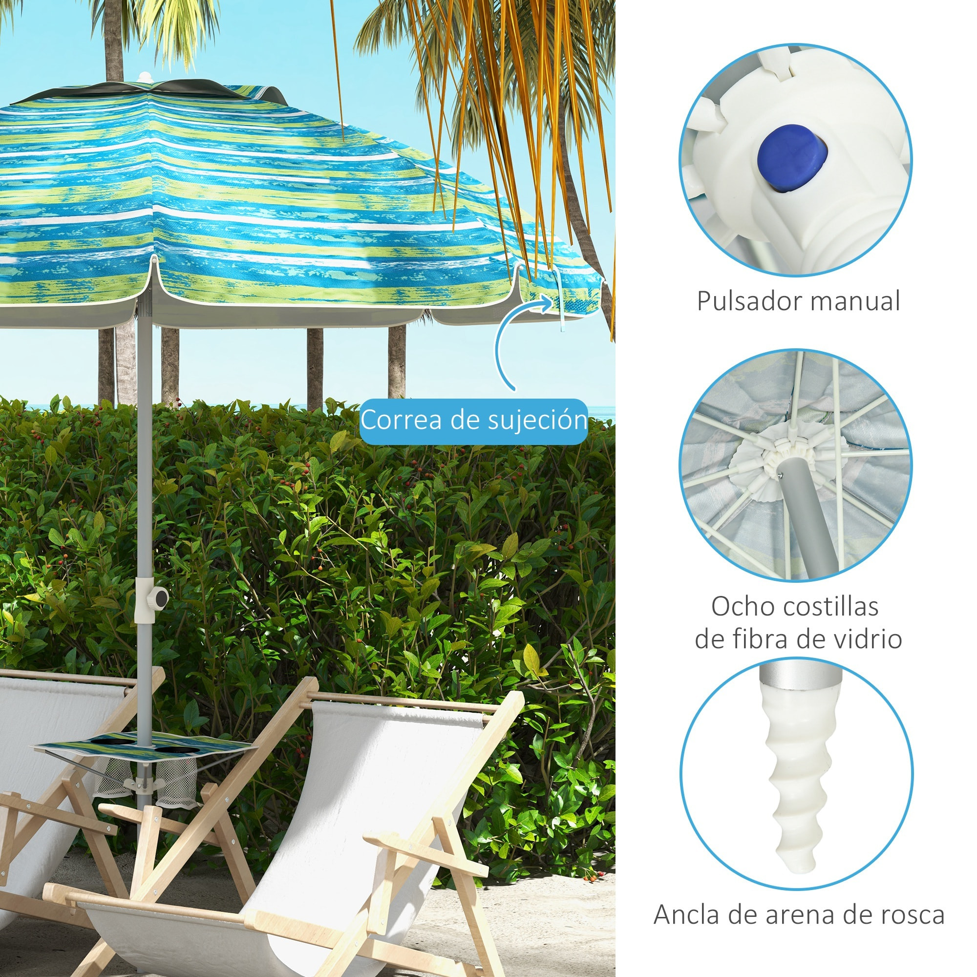 Sombrilla de Playa Ø190x215 cm Parasol para Terraza con Reclinación 45° Altura Ajustable Mesa con Portavasos Anti-UV Impermeable y Bolsa de Transporte para Jardín Piscina Multicolor