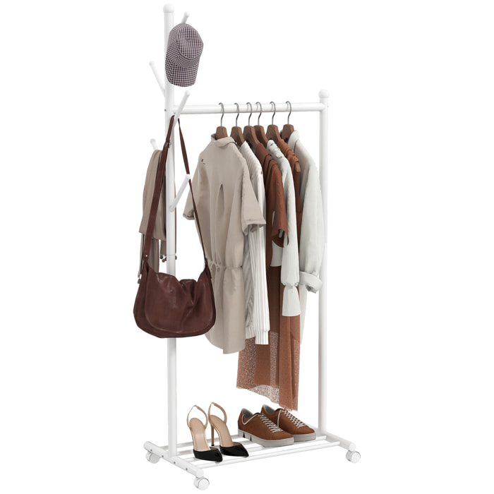 Burro Ropa con Ruedas, Perchero Burro Ropa con 5 Ganchos Barra para Colgar y Balda Inferior Perchero para Recibidor, Entrada, Dormitorio, 68x43x171 cm, Blanco