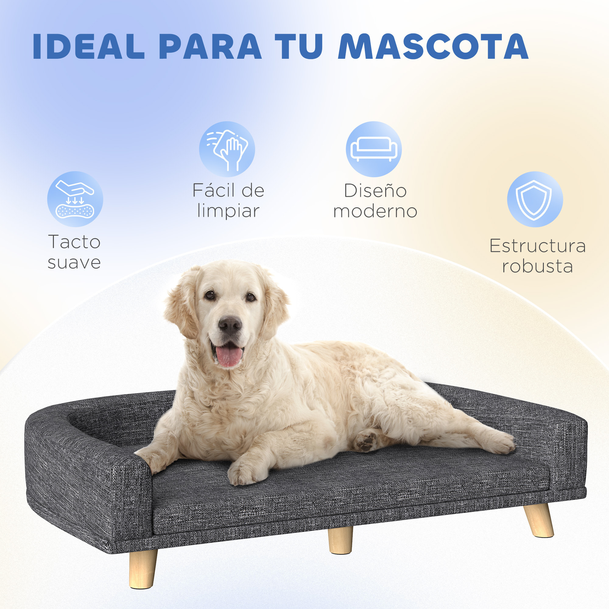 Sofá para Perros Grandes, 98x67x25 cm, Cama Elevada para Perros Tapizada con Cojín Lavable y Patas de Madera de Pino, Carga 40 kg, Gris Oscuro