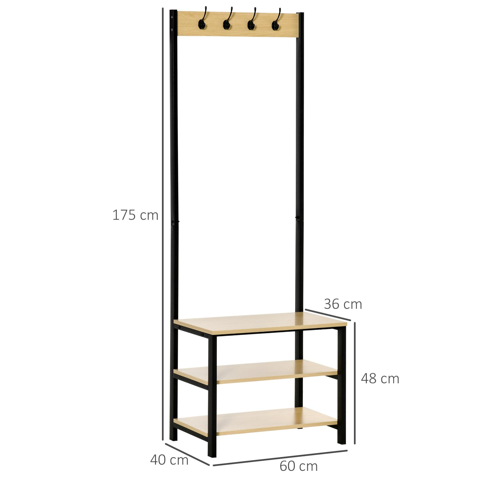 Perchero de Pie Metálico Zapatero 60x40x175 cm Negro y Madera