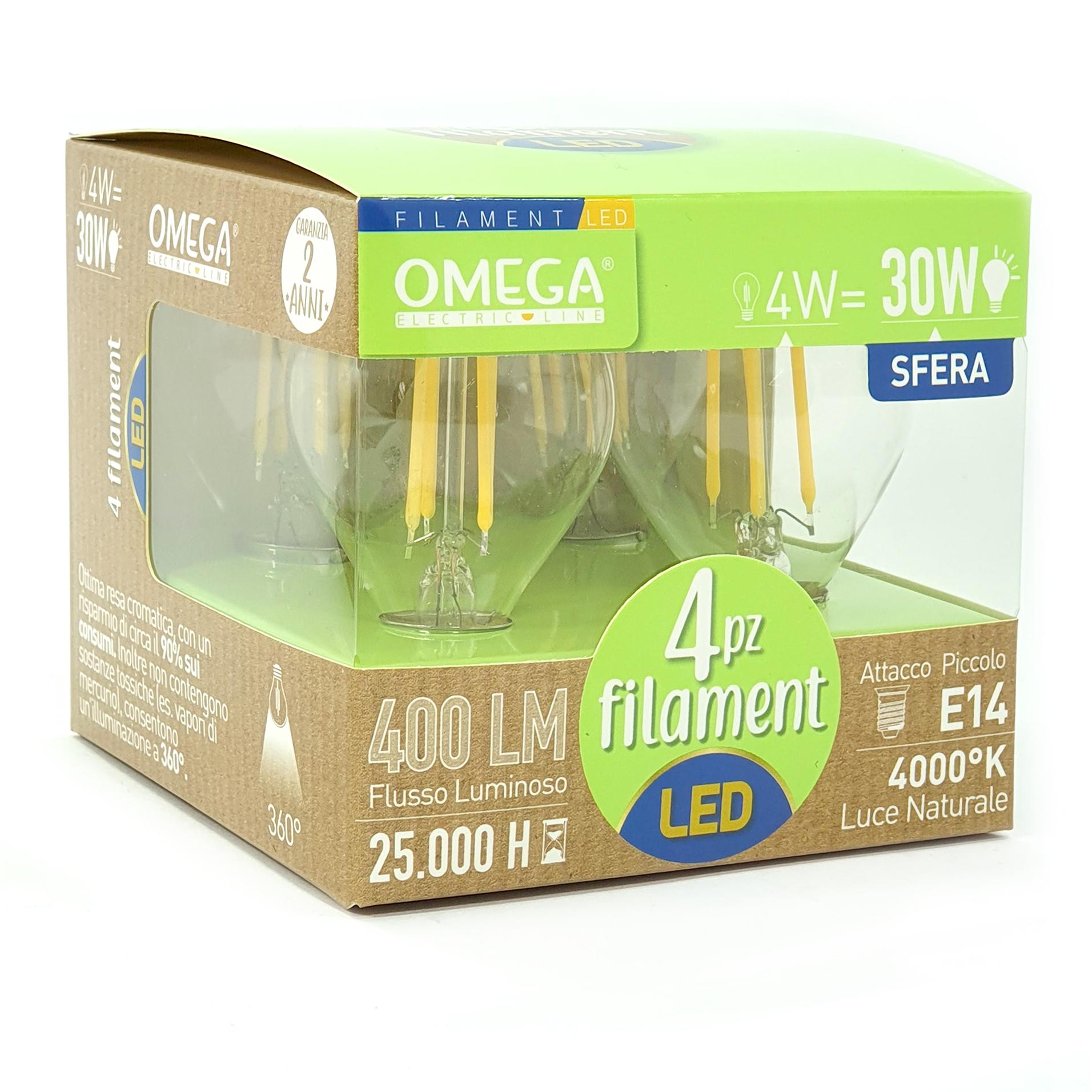 OMEGA Set 4 Pezzi Sfera Filament LED P45 4W