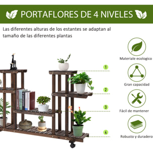 Estantería para Plantas de 4 Niveles con Ruedas Soporte para Macetas Soporte para Plantas para Interiores y Exteriores 123,5x33x80 cm Marrón