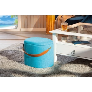 Pouf contenitore in tessuto con maniglia in ecopelle, colore azzurro, cm 42x30x36