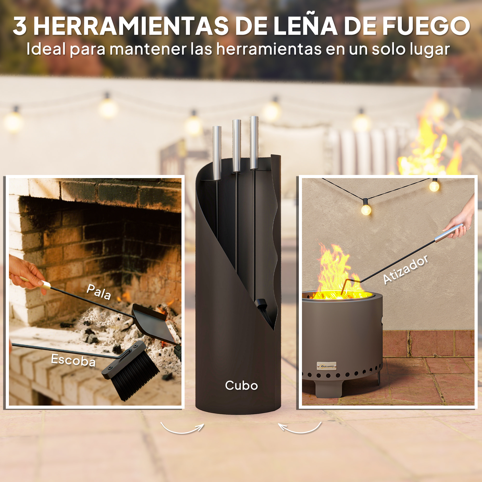 Juego Utensilios Chimenea de 4 Piezas, Juego de Accesorios para Chimenea de Metal con Escoba, Pala, Atizador y Cubo, 20x20x65 cm, Negro y Plateado