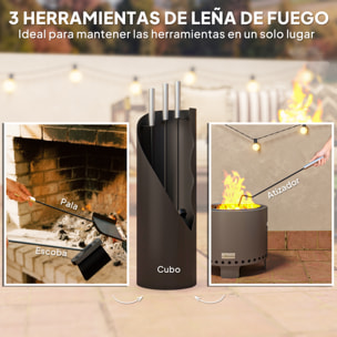 Juego Utensilios Chimenea de 4 Piezas, Juego de Accesorios para Chimenea de Metal con Escoba, Pala, Atizador y Cubo, 20x20x65 cm, Negro y Plateado