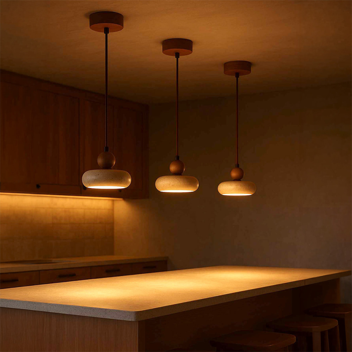 Suspension design ronde en travertin et bois effet noyer TIVOLI