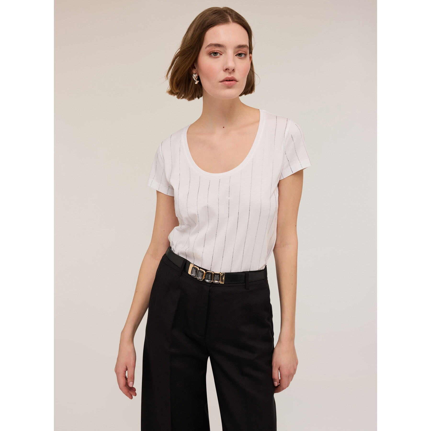Motivi - Camiseta de algodón con rayas de pedrería - Blanco