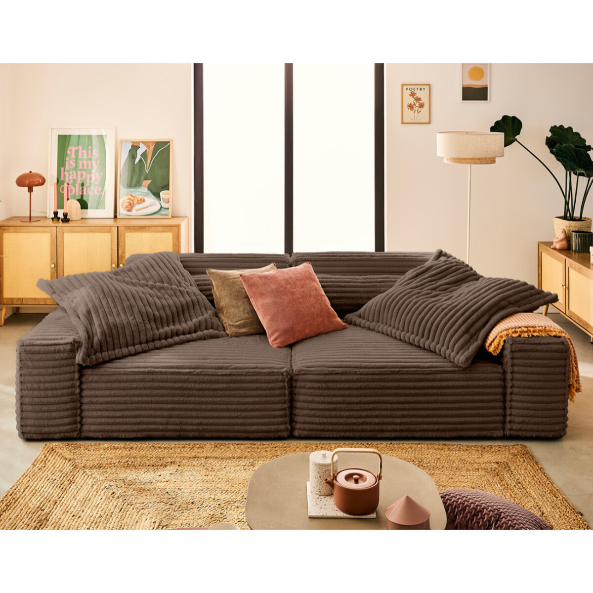 Richie - canapé droit 3 places avec double méridienne - assise profonde - en fausse fourrure côtelée - Marron