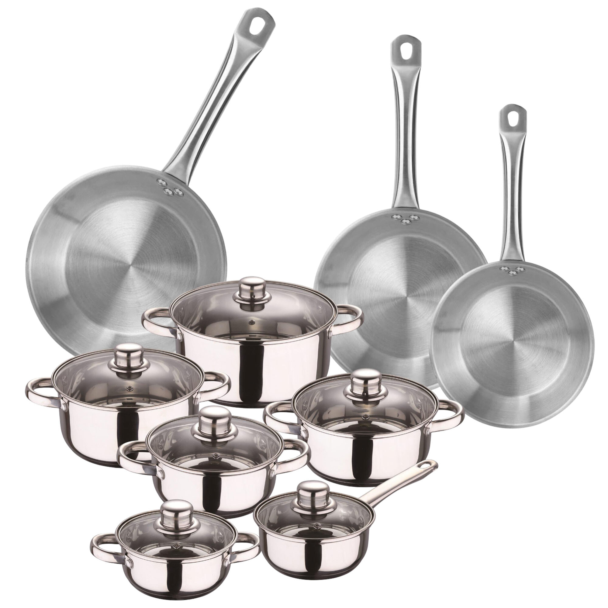 set de batería de cocina de 12 piezas y sartenes en acero inoxidable ø20 ø24 y ø28 x5cm, aptas para inducción y sin antiadherente