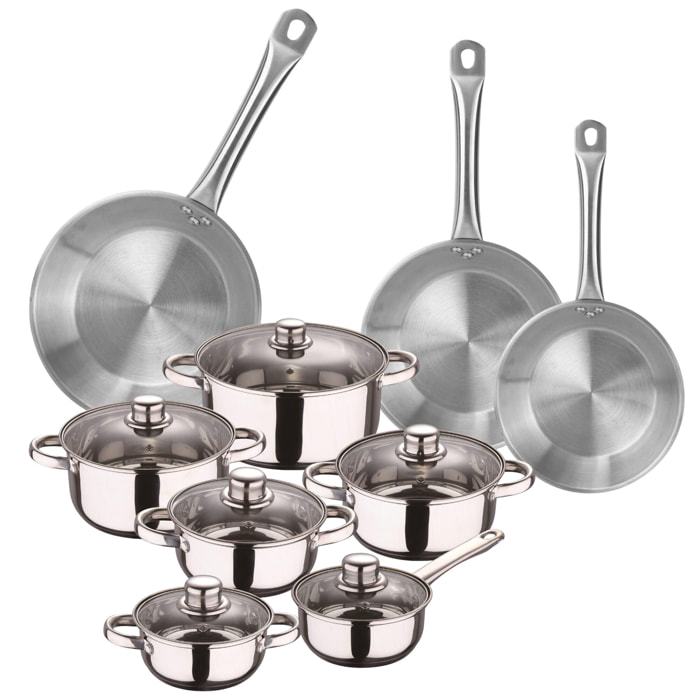 set de batería de cocina de 12 piezas y sartenes en acero inoxidable ø20 ø24 y ø28 x5cm, aptas para inducción y sin antiadherente