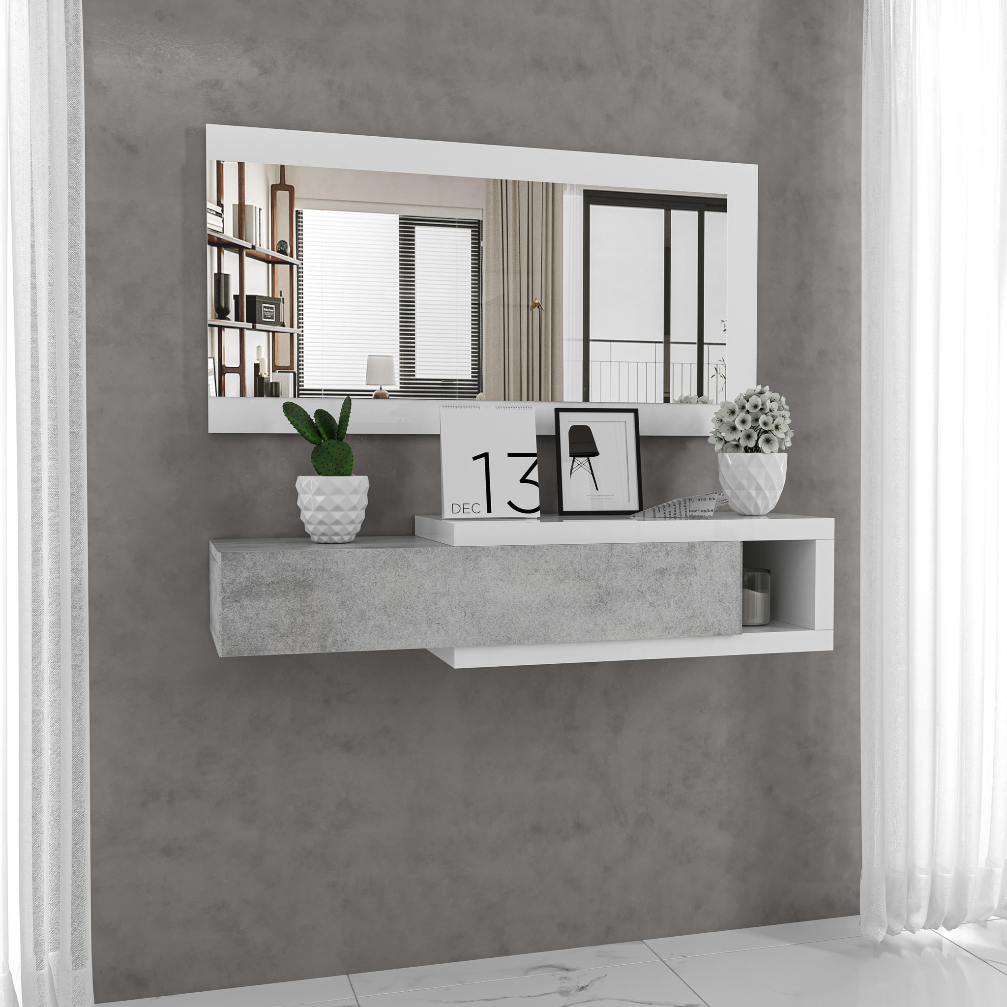 Mobile Maiorca Mobiletto da Ingresso Sospeso con Cassetto Mensola e Specchio Arredo Arredamento Sala 81 x 116 x 29 cm Bianco Lucido e Grigio Cemento