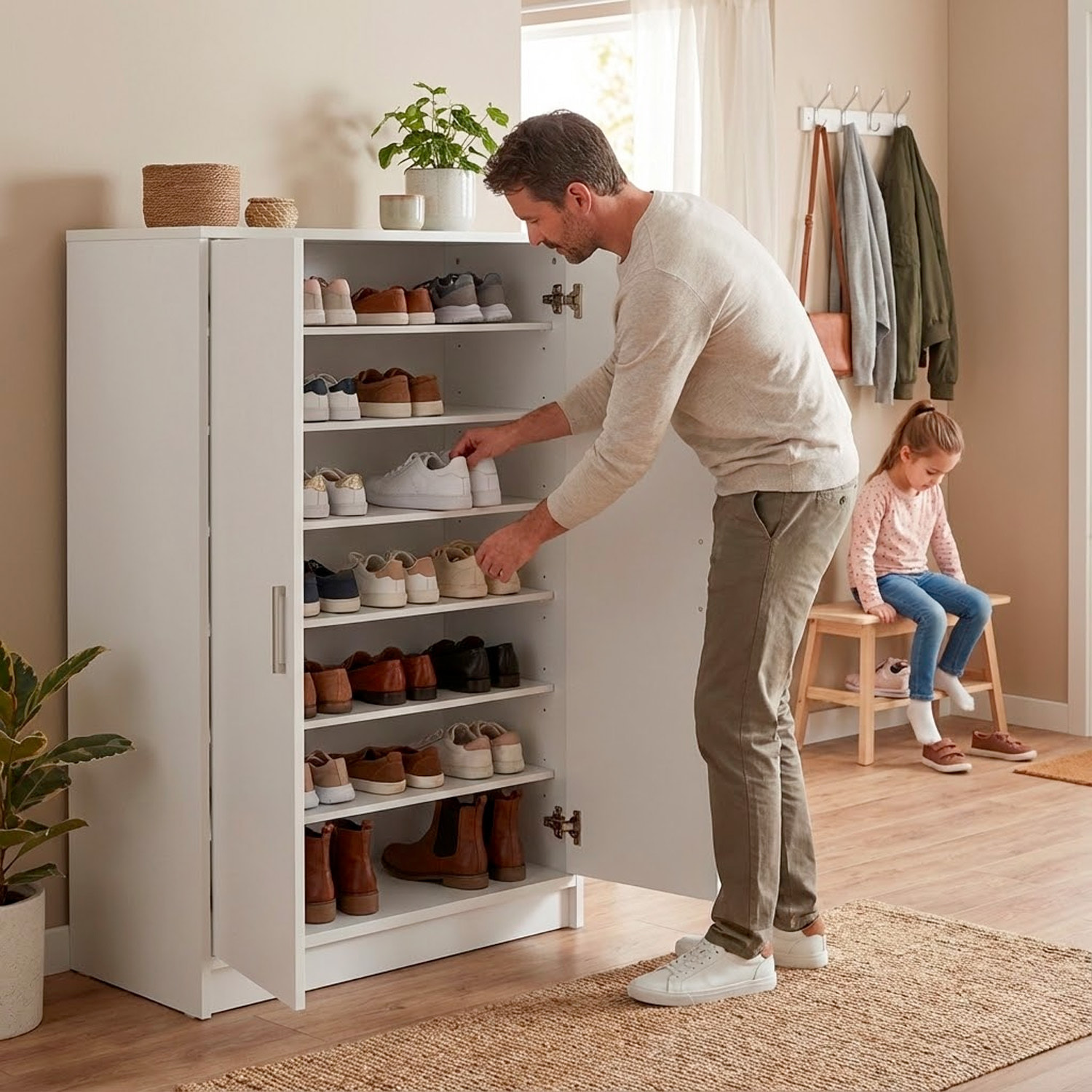 Scarpiera a 2 Ante Mobile Portascarpe Mobiletto Capiente fino a 30 Paia con 6 Ripiani + Base Design Moderno per Ingresso Camera 75x36x101 Cm Bianco