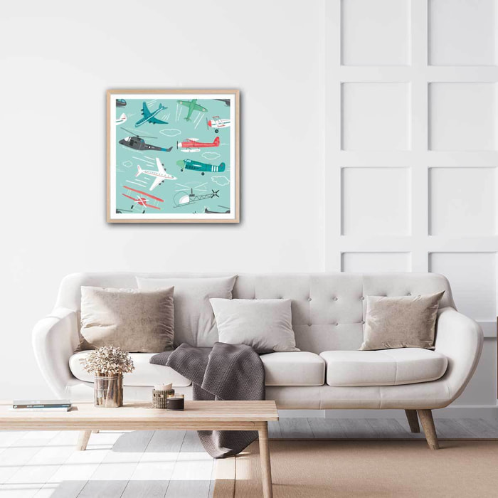 Affiche enfant avions à gogo Affiche + cadre en bois - Chêne