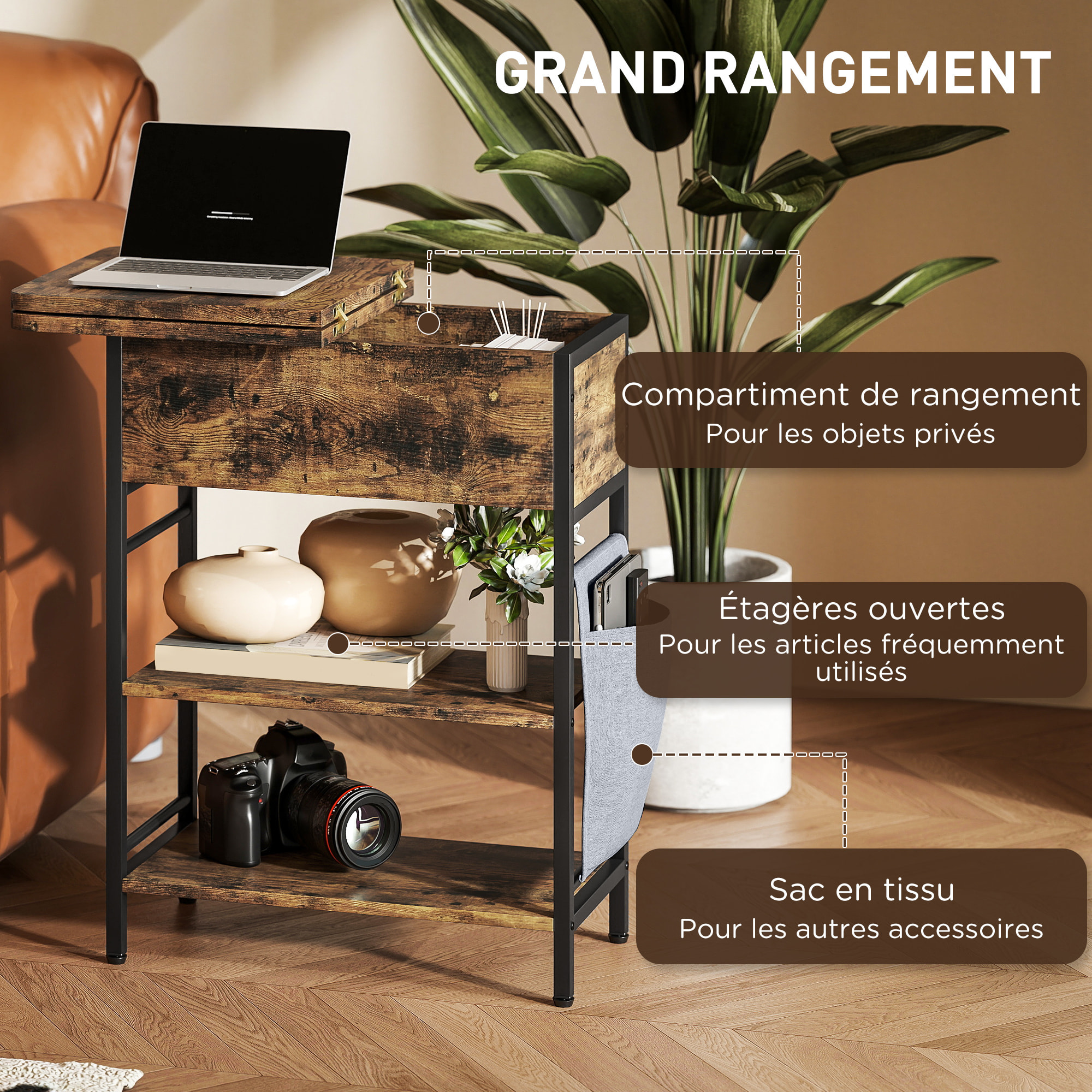 Console style industriel avec station de charge prises secteur et USB dim. 60 x 30 x 58,5 cm métal noir effet bois vieilli