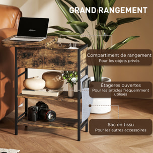 Console style industriel avec station de charge prises secteur et USB dim. 60 x 30 x 58,5 cm métal noir effet bois vieilli