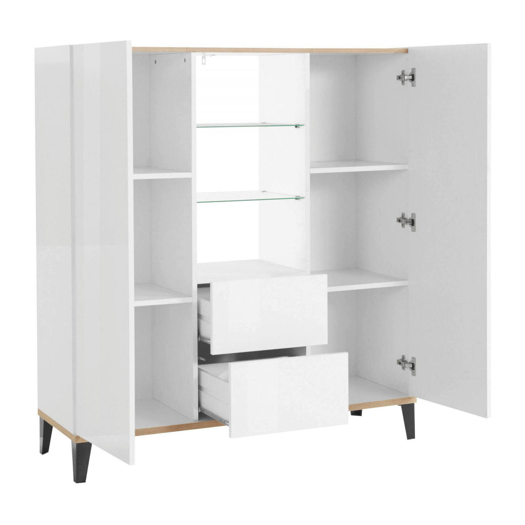 Credenza moderna a 2 ante e 2 cassetti, Made in Italy, Madia con ripiani, Buffet di design da ingresso, Cm 120x40h133, Bianco lucido e Acero