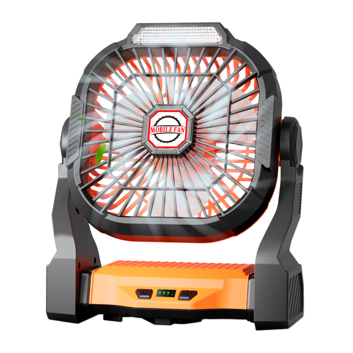 Ventilador P18 con motor sin escobillas, LED con 4 luces, 4 velocidades, 3 niveles de luz. Ángulo ajustable de 90º, gancho para colgar y powerbank de 5200 mAh.