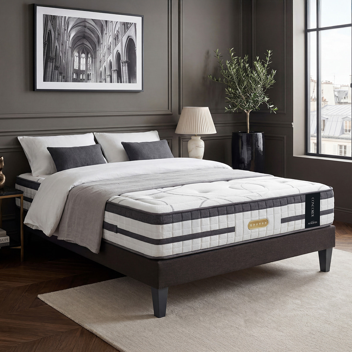 Ensemble Matelas Hybride Concorde & Sommier Bois, Ressorts Ensachés & Mémoire de Forme, 26 cm, Technologie Tri-lattes, Soutien Ferme
