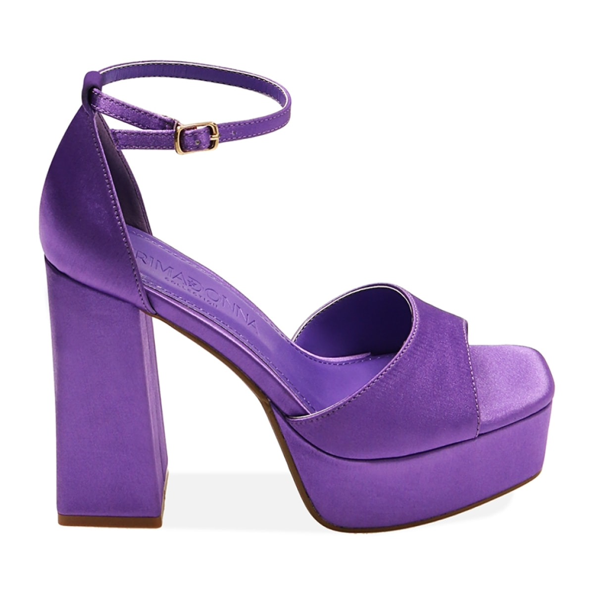 Sandalias de plataforma de raso morado, tacón 10 cm.