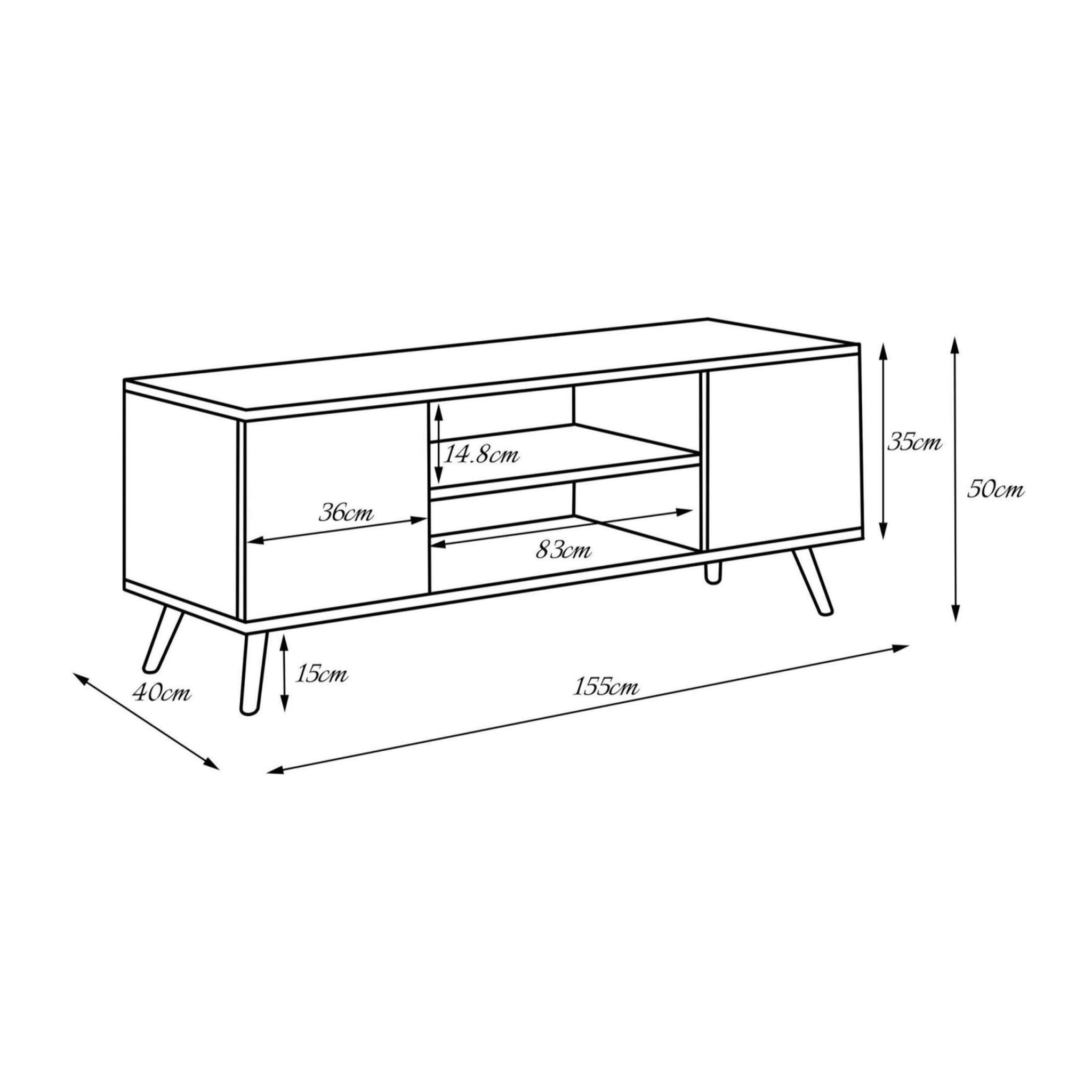 Mobile porta tv con 2 ante e 1 ripiano centrale, Credenza con piedini, Buffet da soggiorno in stile scandi, cm 155x40h50, colore Bianco