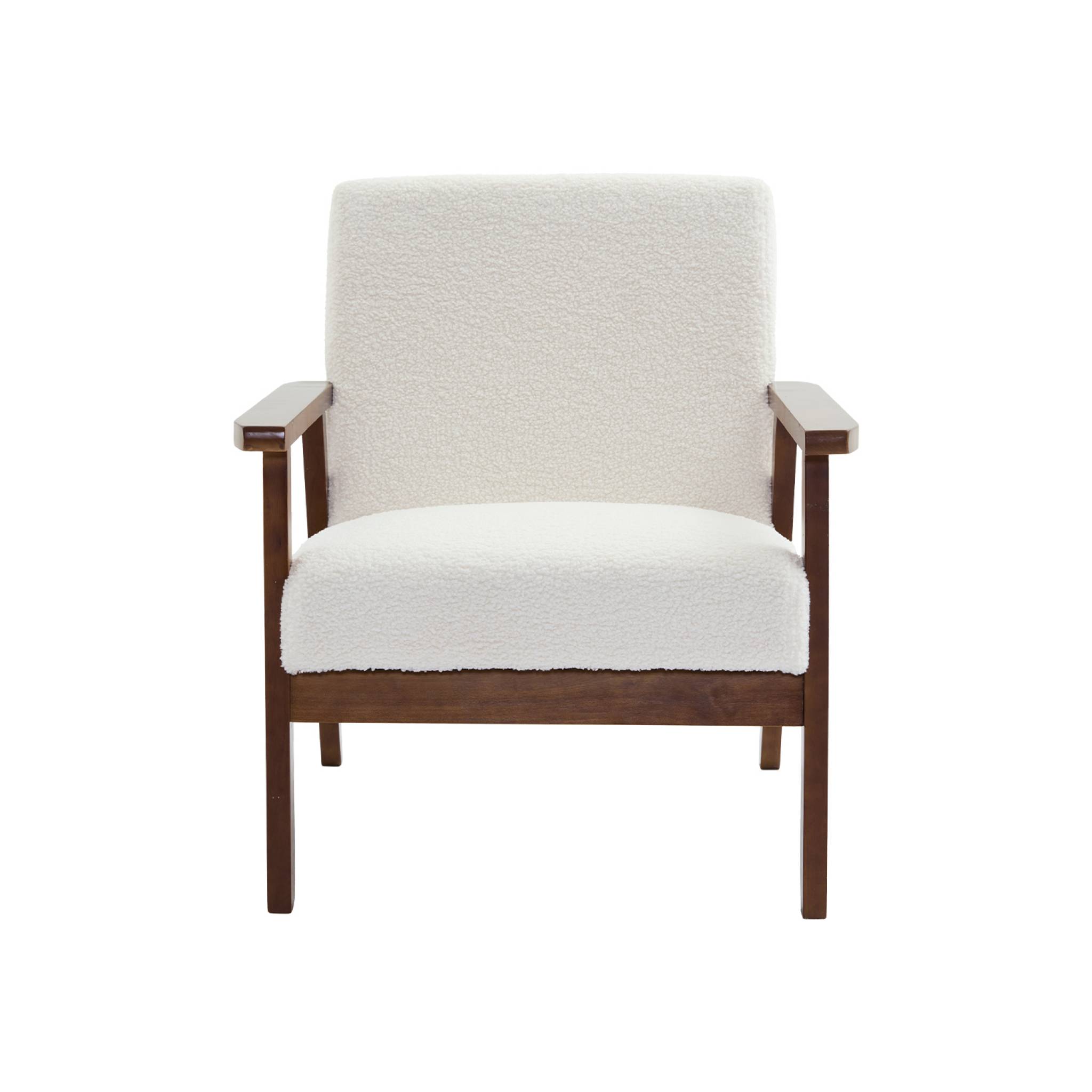 Canapé banquette 2 places et fauteuil tissu bouclette. pieds teinté noyer clair