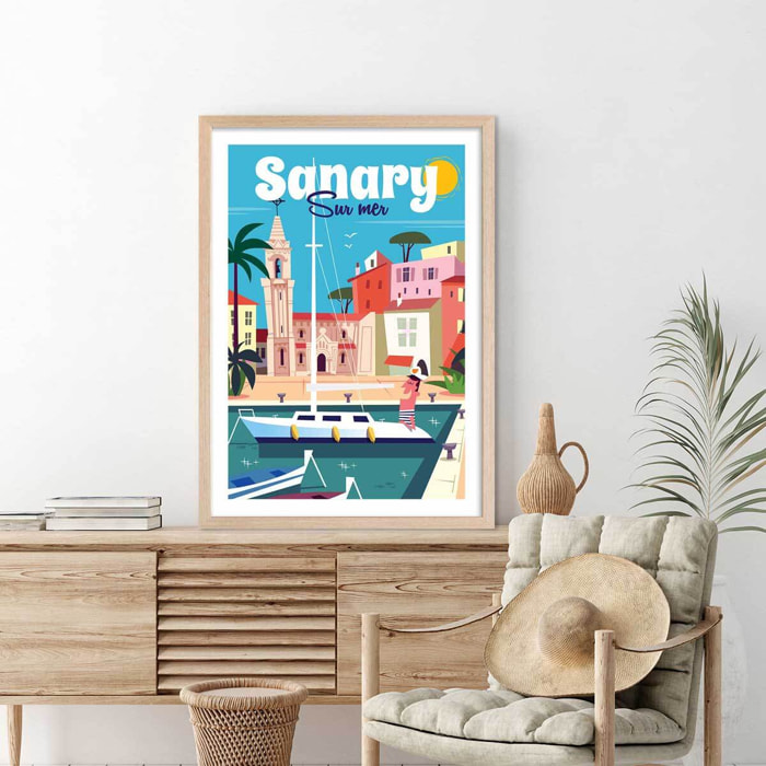 Affiche Vacances à Sanary Affiche + cadre en bois - Chêne