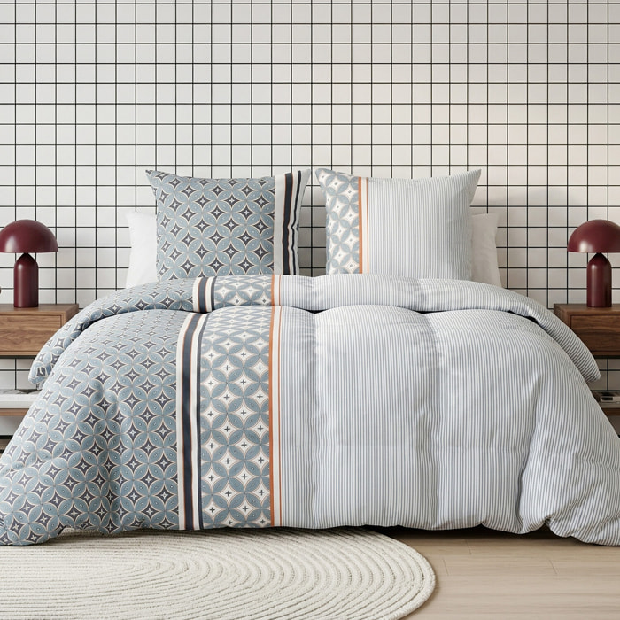 Parure housse de couette 100% coton motif mosaïque orientale bleu et blanc - Arabia